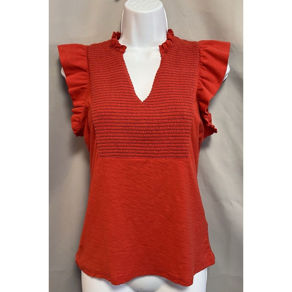 Nation LTD Small Red Habiba Fancy Tank Top Pima Cotton Flutter Sleeve Smocked